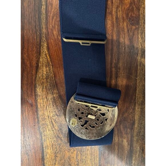 Vintage Gold Tone Monogram Navy Blue Elastic Belt Designer Style - Picture 3 of 5